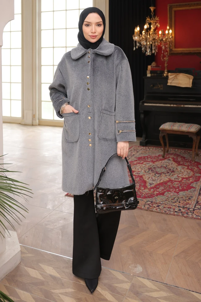 Füme Cepli Düğmeli Angora Kaban