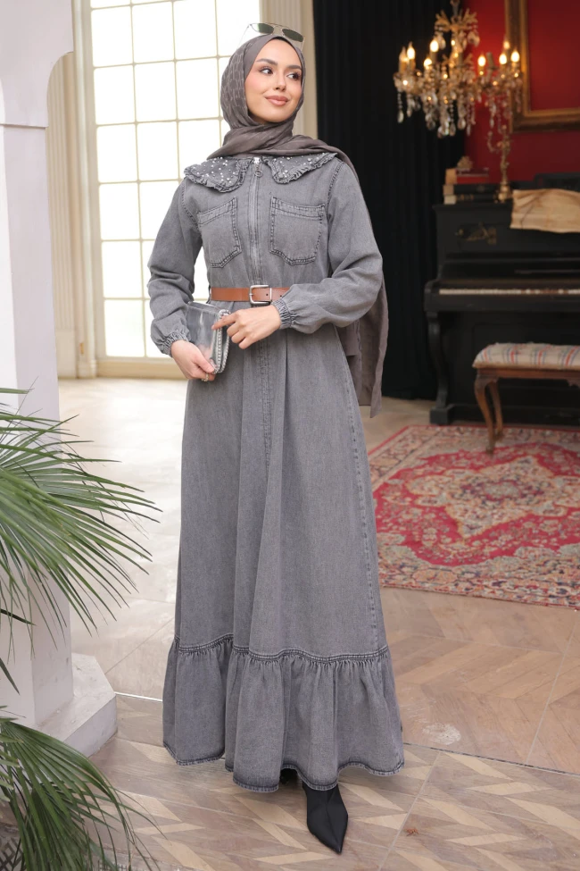 Füme Yaka Taşlı Yarım Fermuarlı Kemerli Kot Elbise