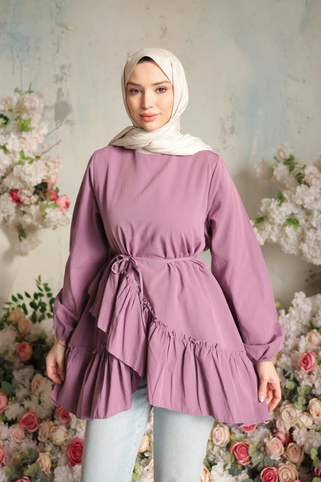 Gül Kurusu Eteği Katlı Fırfırlı Tunik