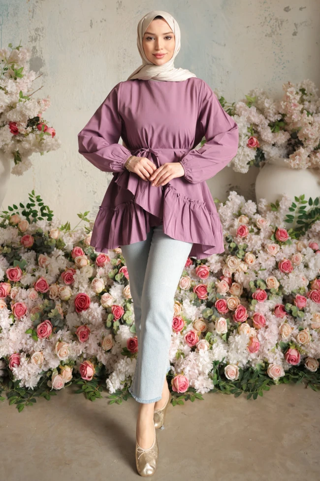 Gül Kurusu Eteği Katlı Fırfırlı Tunik