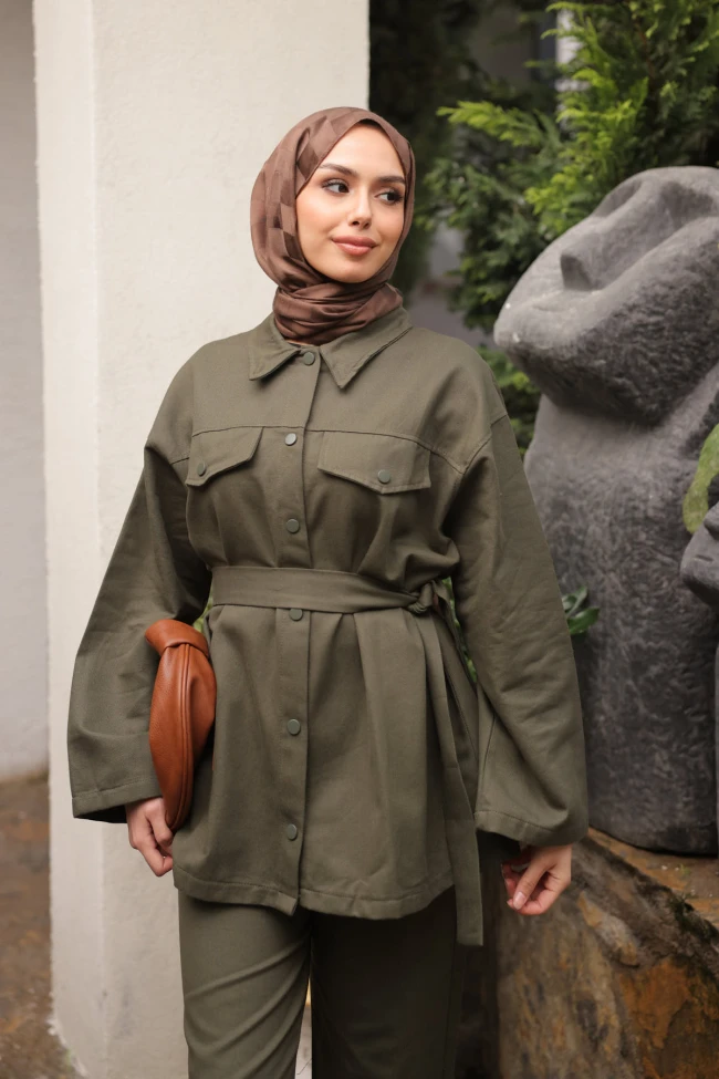 Haki Çıt Çıtlı Gabardin Ceket Pantolonlu Takım