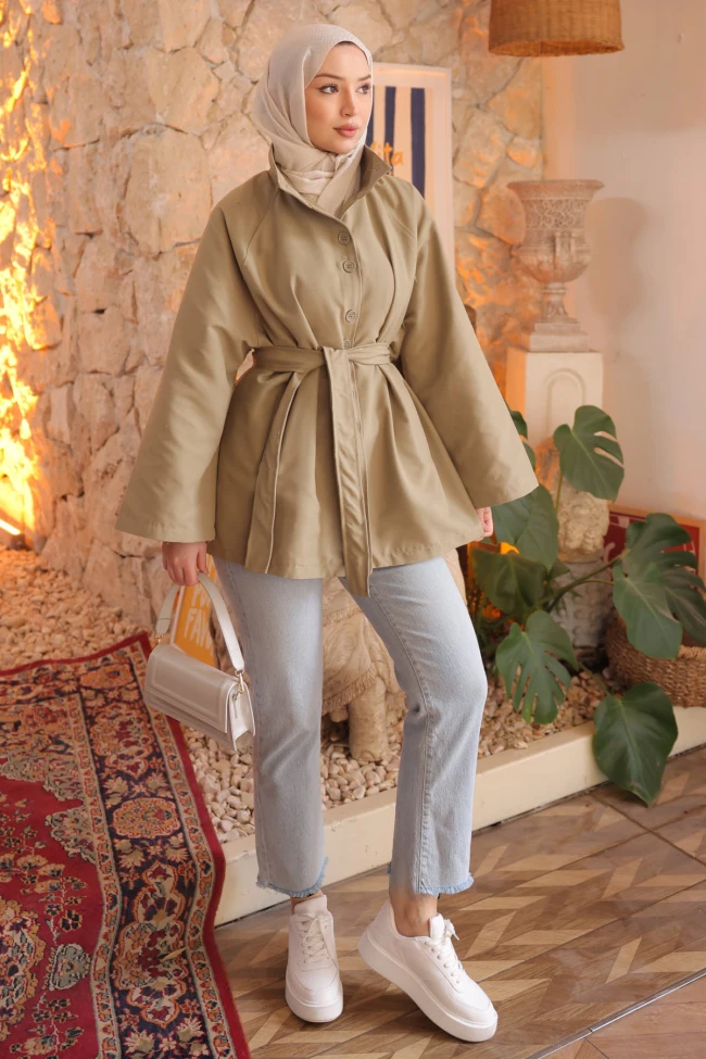 Haki Kuşaklı Düğmeli Gabardin Trençkot