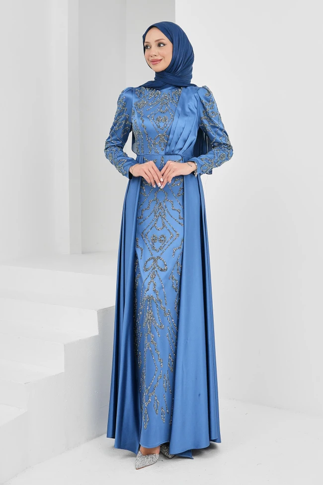 İndigo Önü Taşlı Saten Abiye