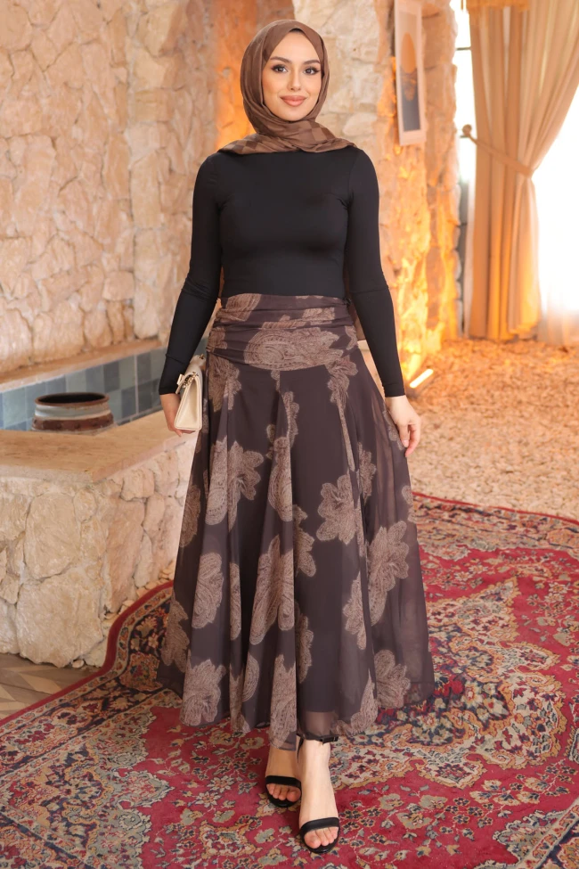 Kahverengi Desenli Beli Büzgü Detaylı İçi Astarlı Şifon Etek