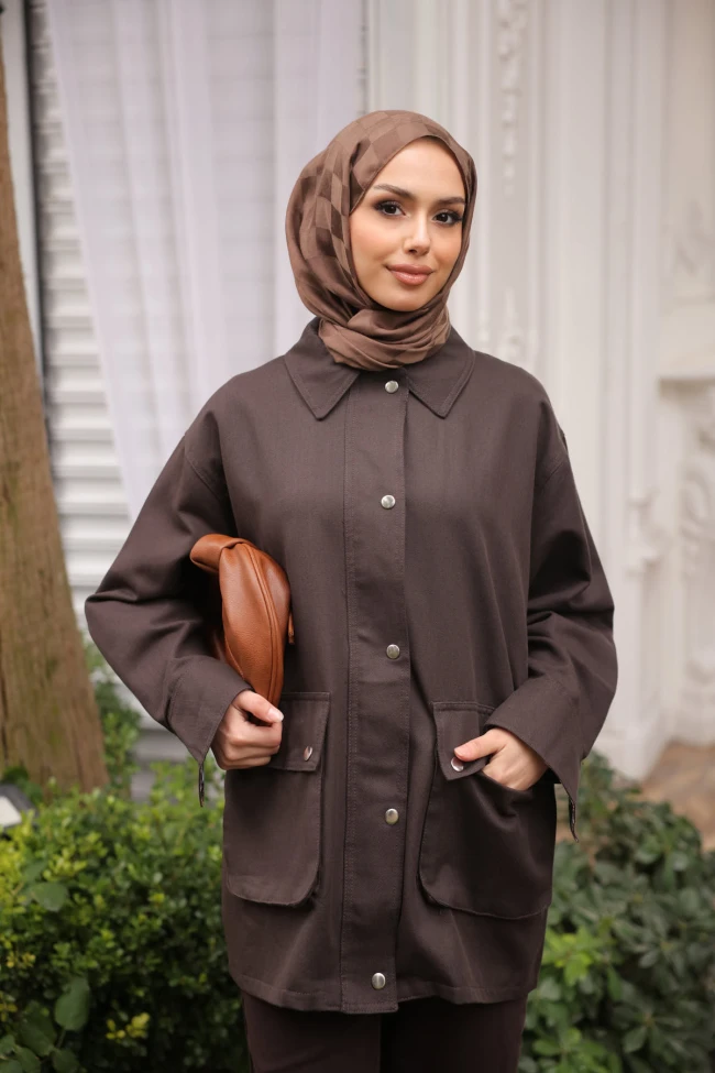 Kahverengi Fermuarlı Gabardin Ceket