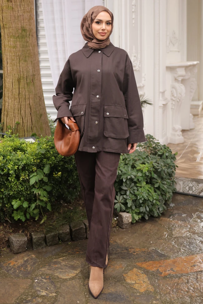 Kahverengi Fermuarlı Gabardin Ceket