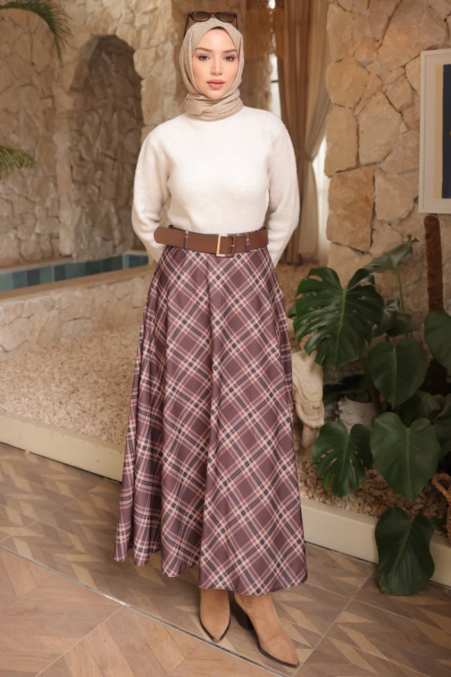 Kahverengi Kemerli Ekose Kloş Etek