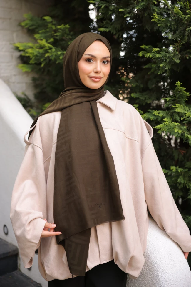 Koyu Haki İpekhan Pamuk Jakarlı Şal