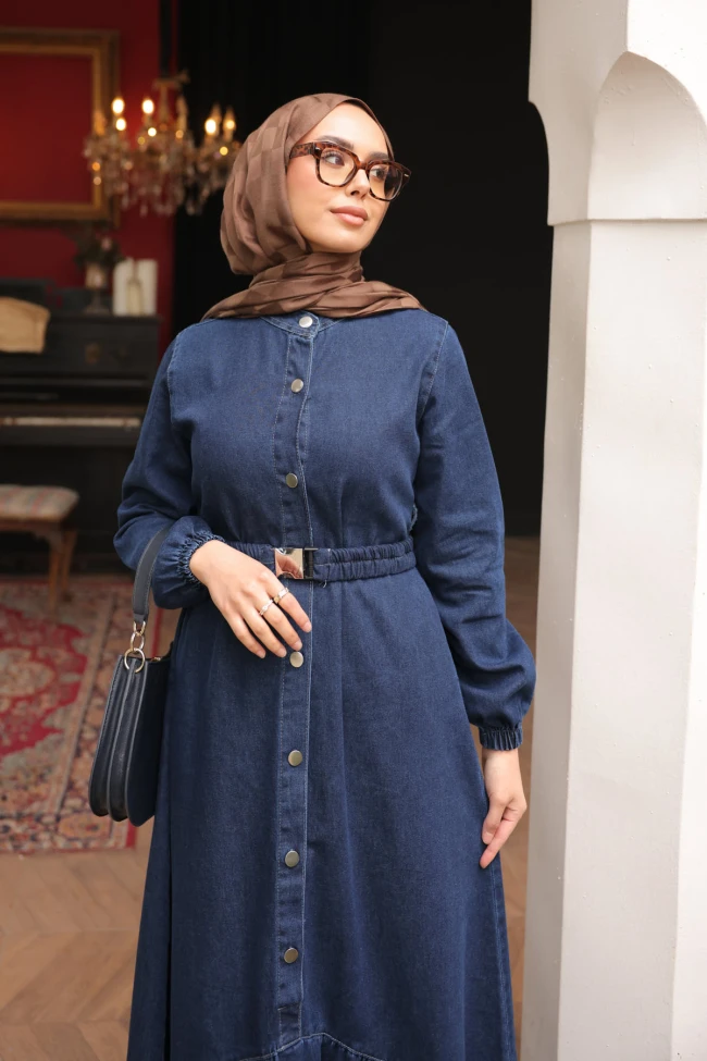 Lacivert Düğmeli Lastik Kemerli Kot Elbise