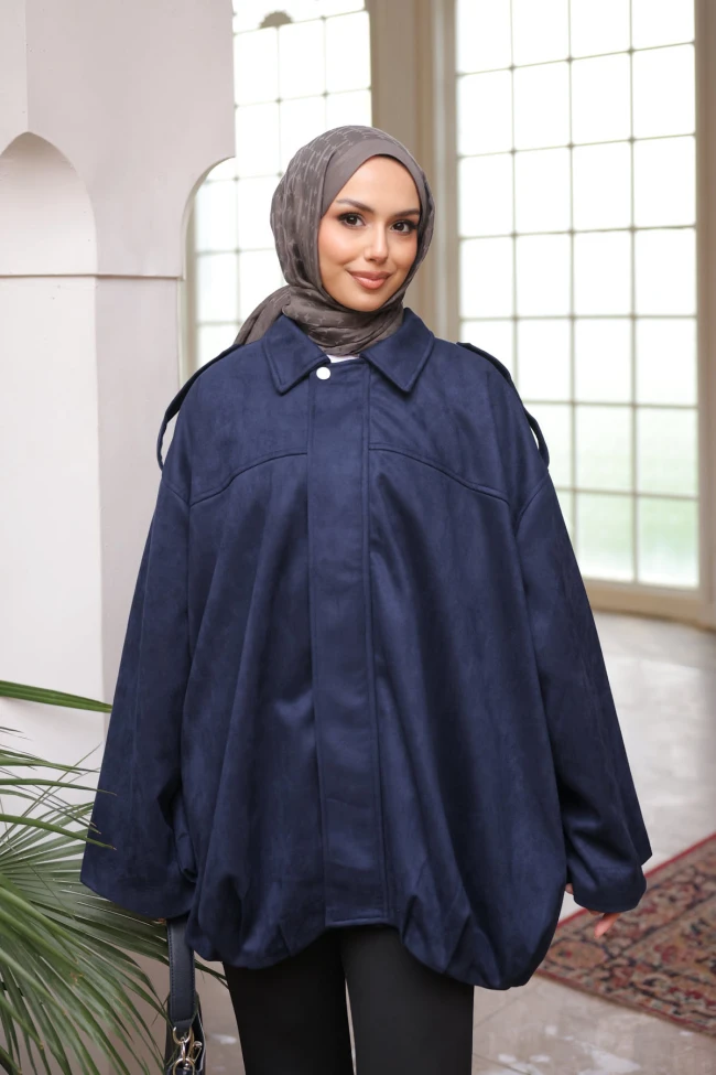 Lacivert Eteği Pileli Oversize Süet Ceket