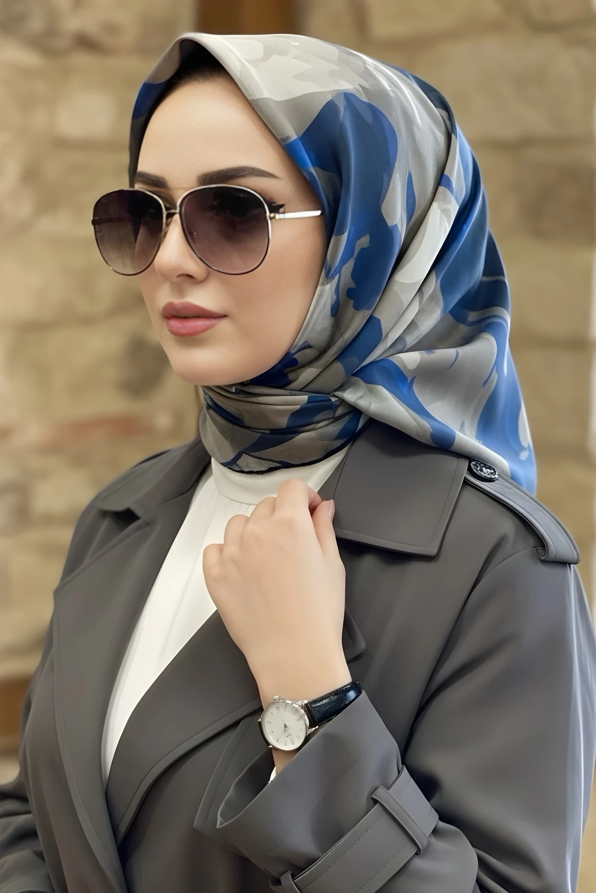 Lacivert İpekhan Soft Dijital Pamuklu Eşarp