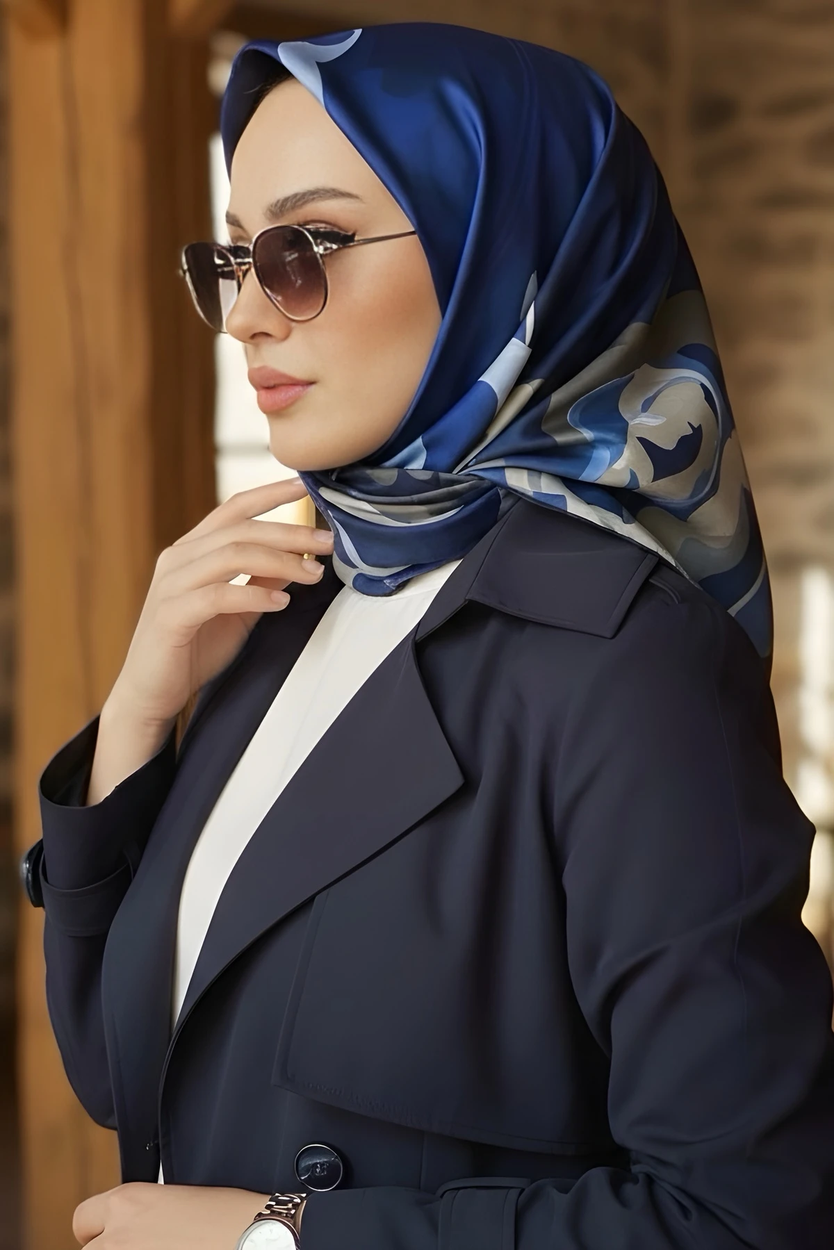 Lacivert İpekhan Soft Dijital Pamuklu Eşarp