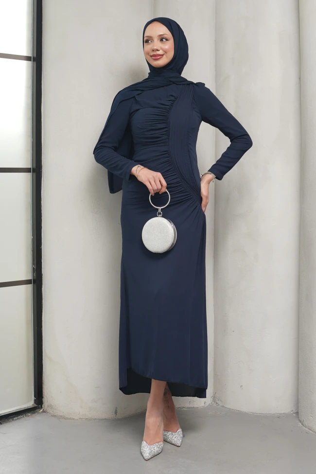 Lacivert Önü Drapeli Balık Model Abiye