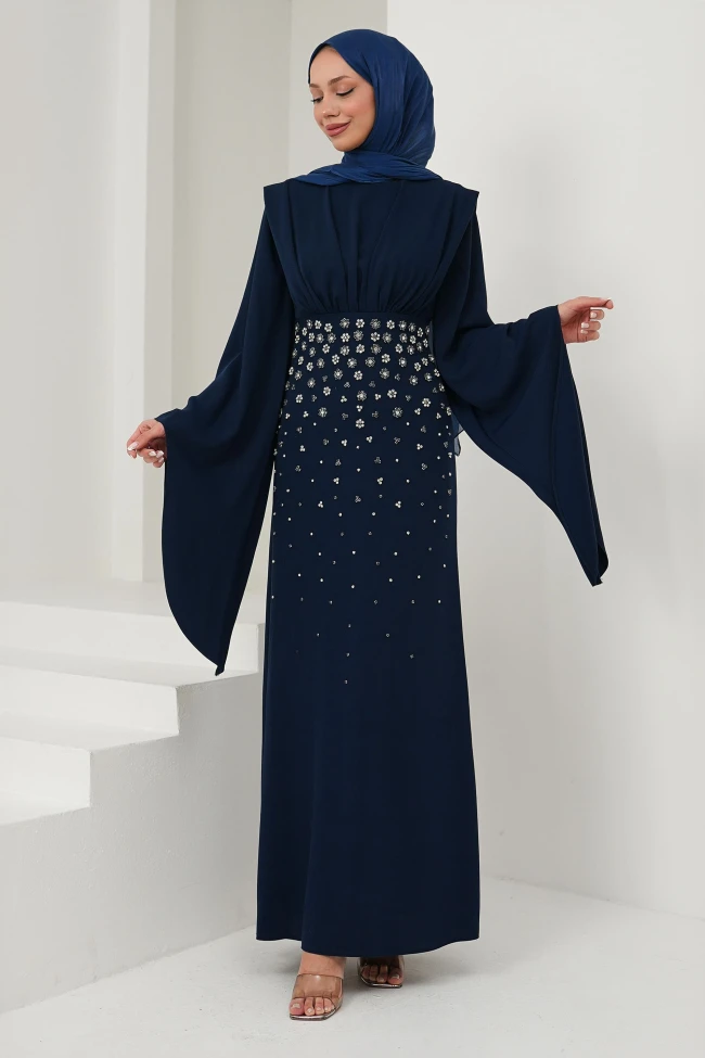 Lacivert Önü Drapeli Taş İşlemeli Abiye