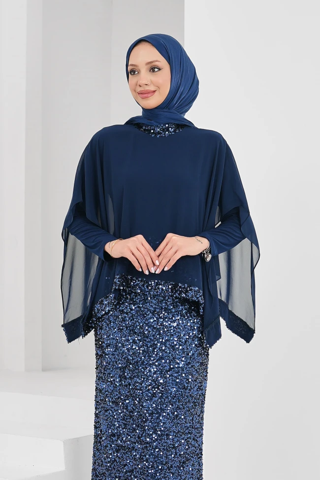 Lacivert Pul Payetli Üstü Şifon Detaylı Abiye