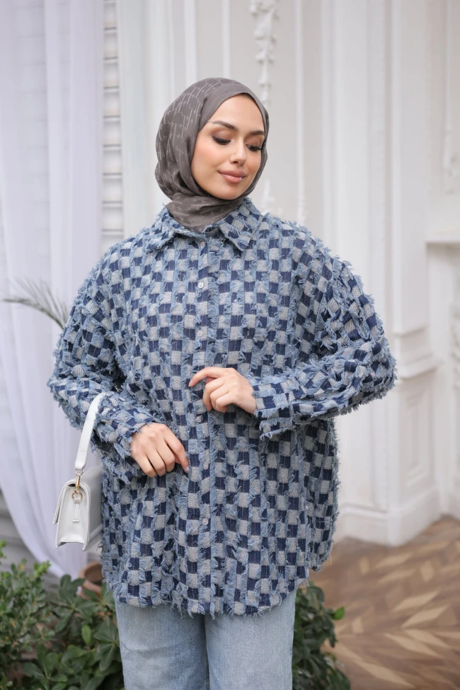 Lacivert Renk Bloklu Püsküllü Oversize Gömlek