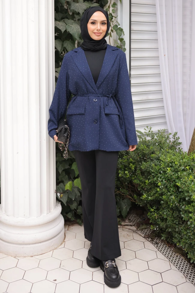 Lacivert Taş Baskılı Astarlı Ceket