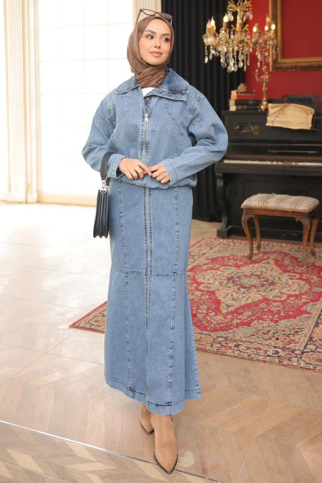 Mavi Fermuarlı Ceket Etek Kot Takım