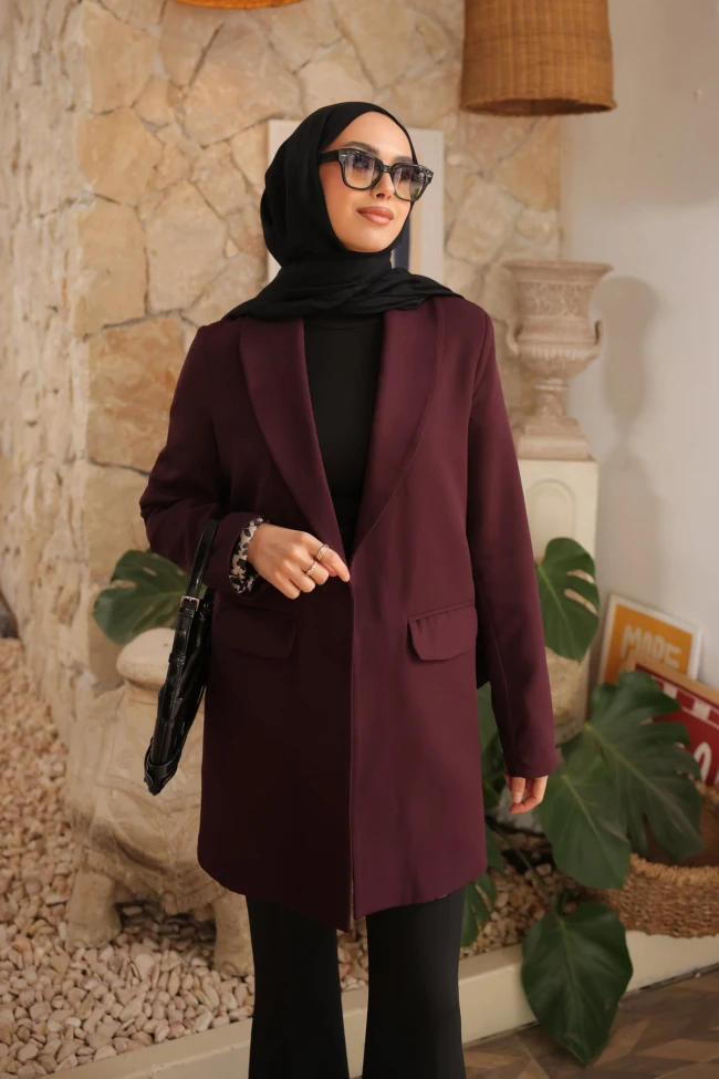 Mürdüm Kruvaze Yaka Cepli Blazer Ceket