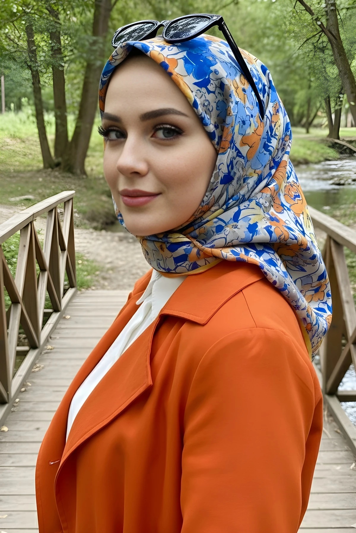 Oranj Mavi Silk Home Soft Dijital Pamuklu Eşarp