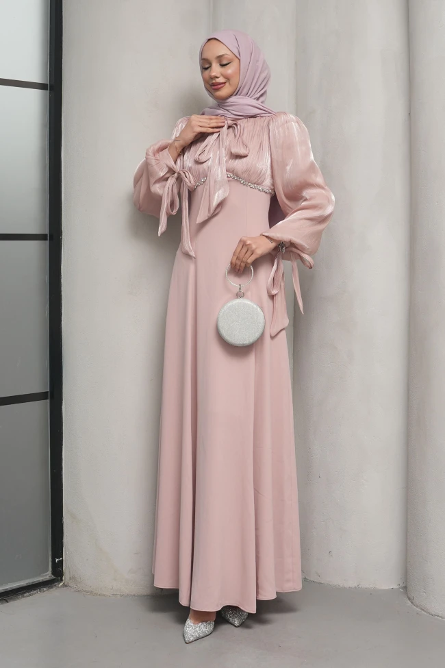 Pudra Balon Kol Taş Detaylı Abiye