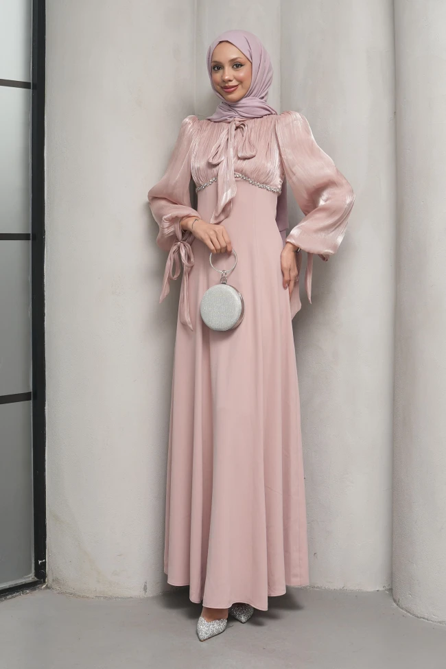 Pudra Balon Kol Taş Detaylı Abiye