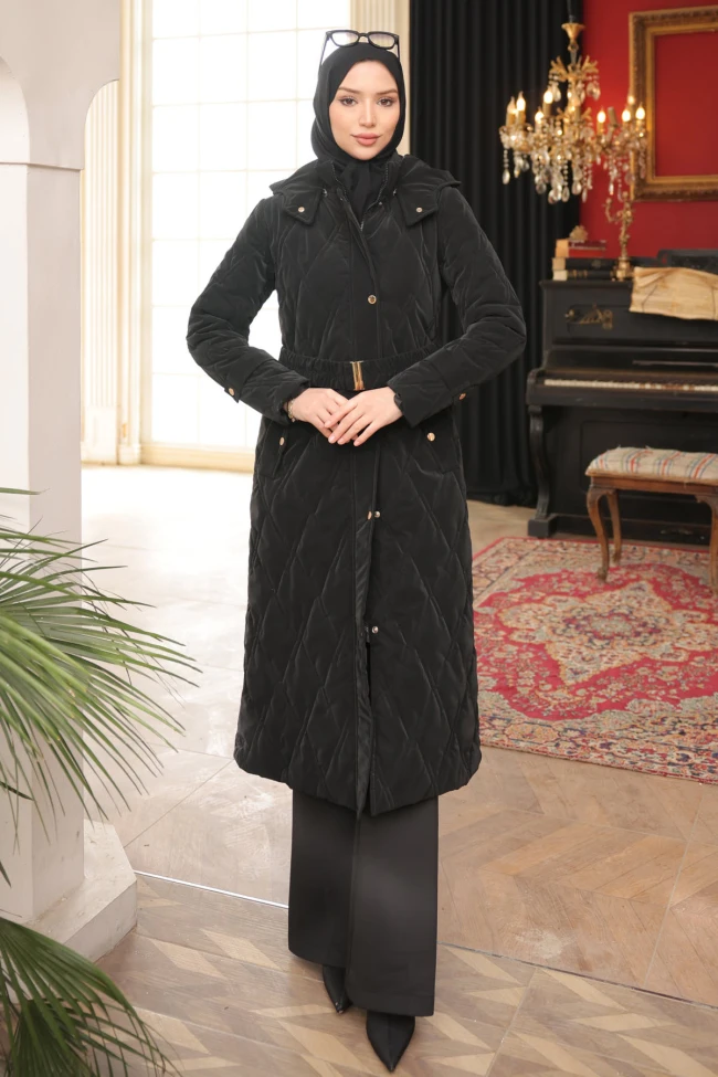 Siyah Büyük Beden Çıtçıt Düğmeli Kapitone Mont