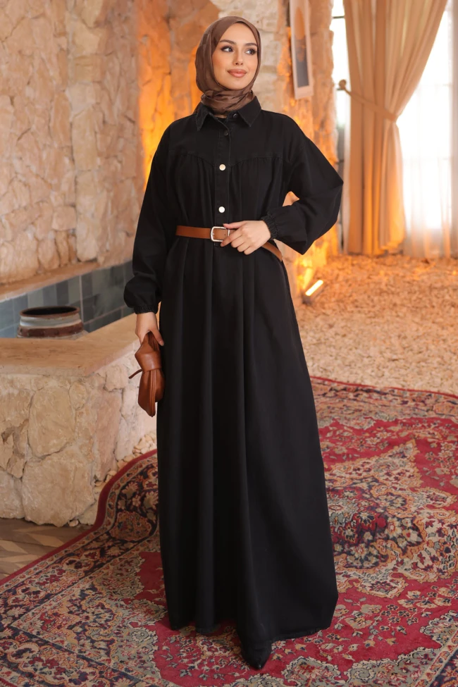 Siyah Kol Lastikli Kemerli Kot Elbise