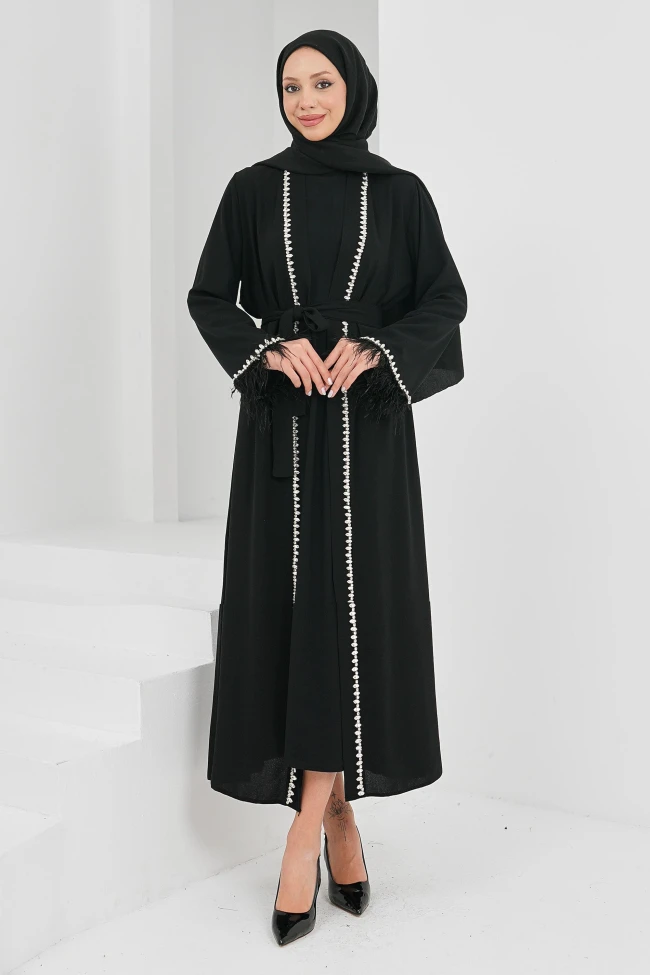 Siyah Kolları Tüğlü Taş Detaylı Kuşaklı Abaya