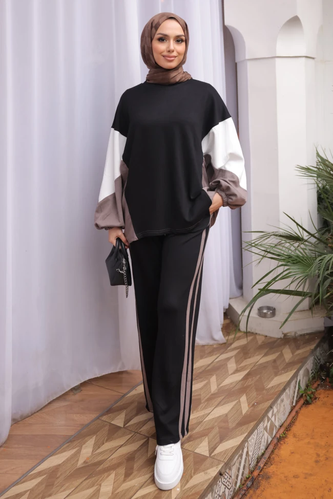 Siyah Renk Bloklu Modal Swaet Pantolonlu Takım