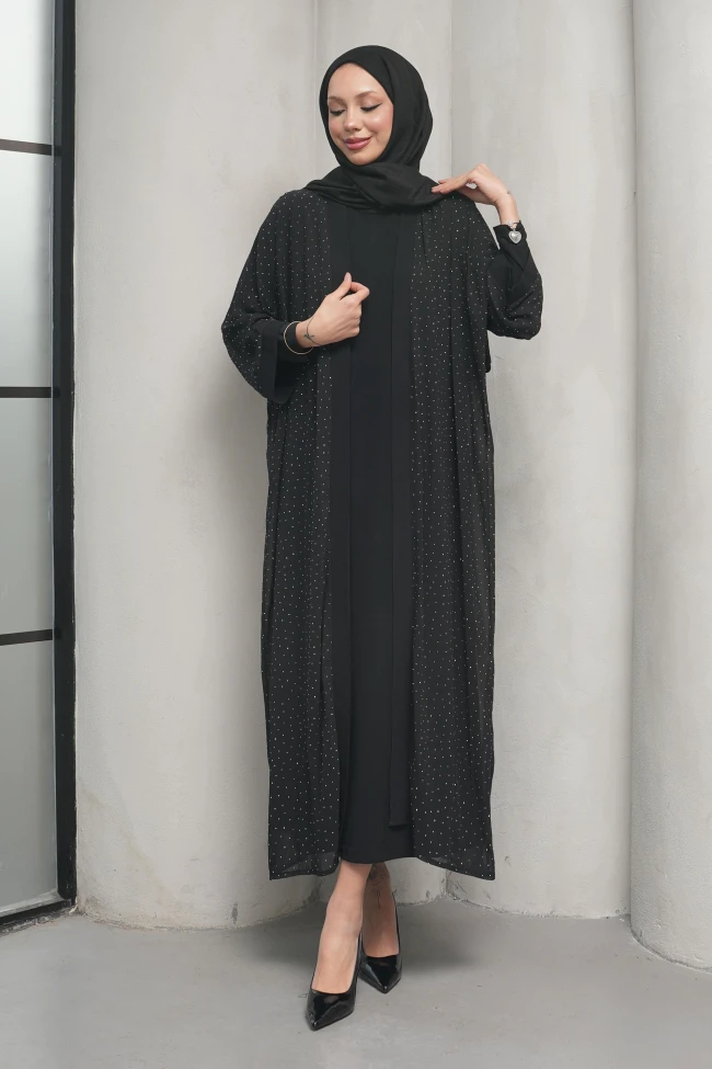 Siyah Taş İşlemeli İkili Abaya Takım