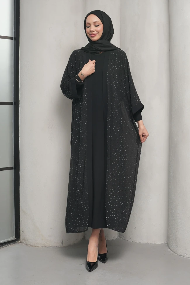 Siyah Taş İşlemeli İkili Abaya Takım