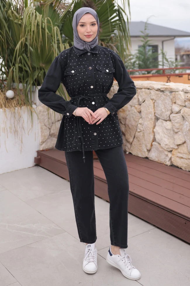 Siyah Taşlı Ceket Pantolonlu Takım