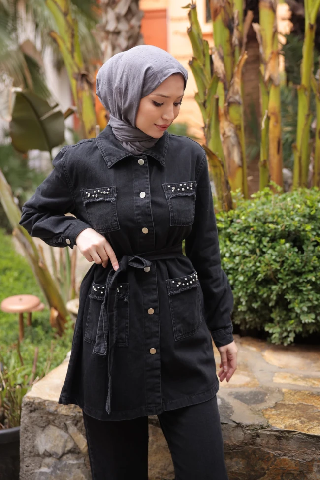 Siyah Taşlı İncili Püsküllü Kot Takım