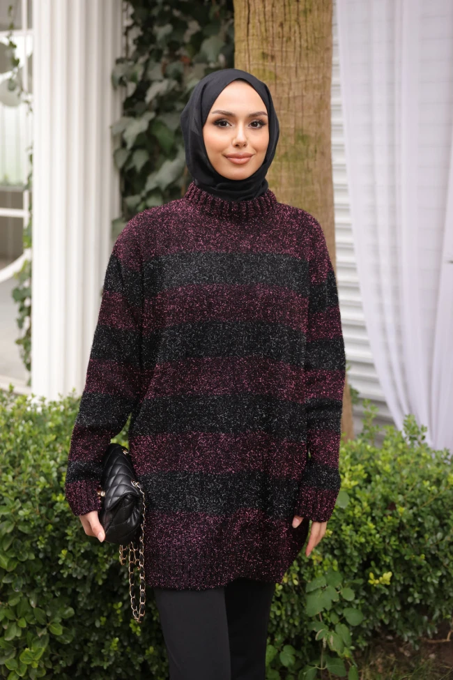 Siyah/Mor Simli Çizgili Triko Kazak