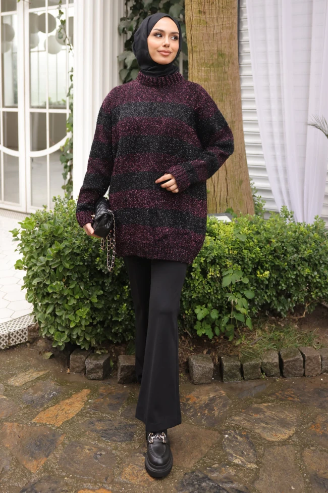 Siyah/Mor Simli Çizgili Triko Kazak