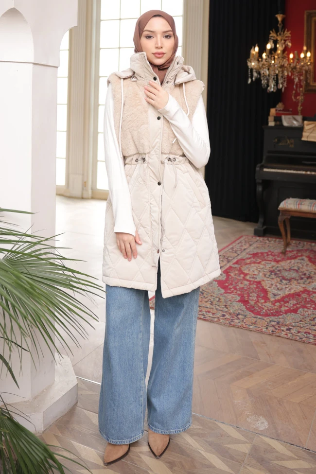 Taş Kapüşonlu Bel Lastikli Kapitone Şişme Yelek