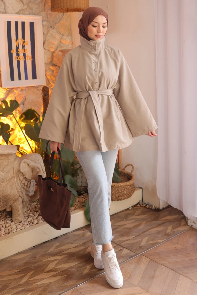 Taş Kuşaklı Düğmeli Gabardin Trençkot