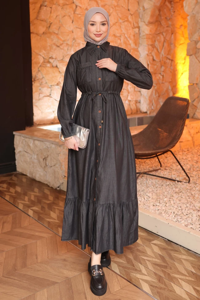 Antrasit Bel Bağlamalı Eteği Katlı Kot Elbise