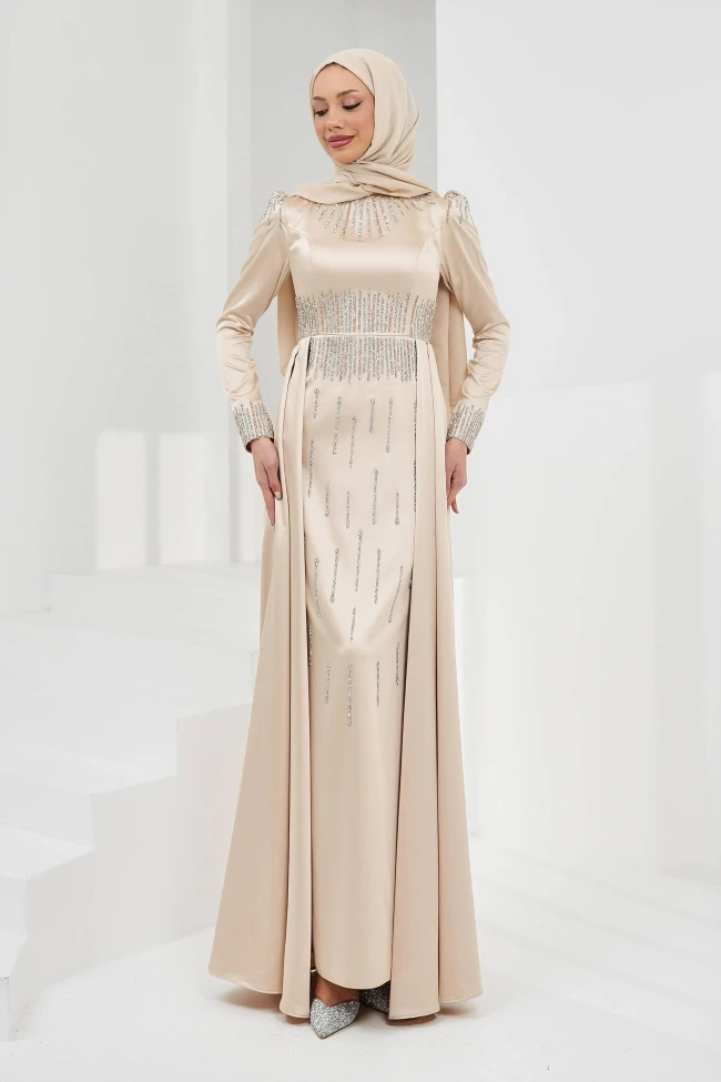 Bej Önü Taşlı Saten Abiye