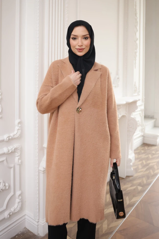 Bisküvi Tek Düğmeli Angora Yumoş Triko Hırka