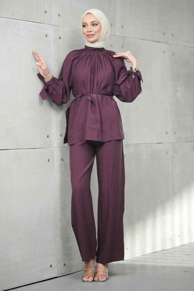 Bordo Bel Bağlamalı Tunik Pantolonlu Tensel Takım