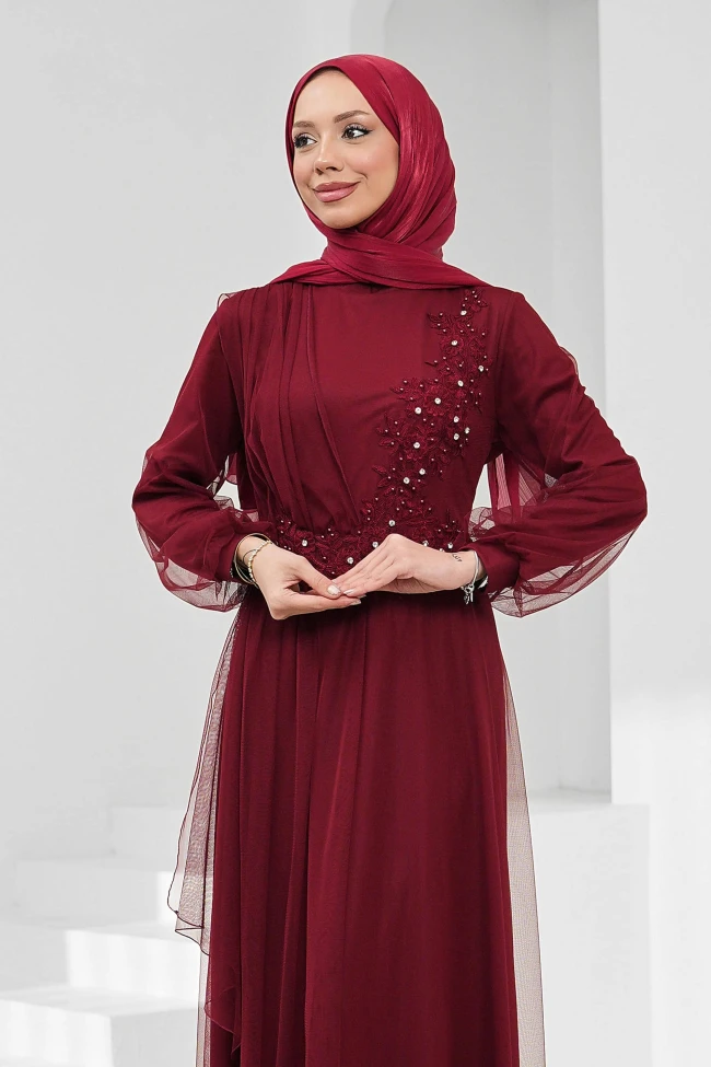 Bordo Büyük Beden Güpürlü Abiye