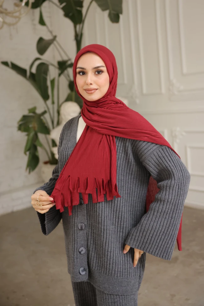 Bordo Helen Önü Süngerli Pratik Piliseli Şal