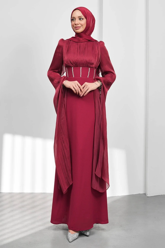 Bordo Kol Detaylı Balık Model Taşlı Abiye
