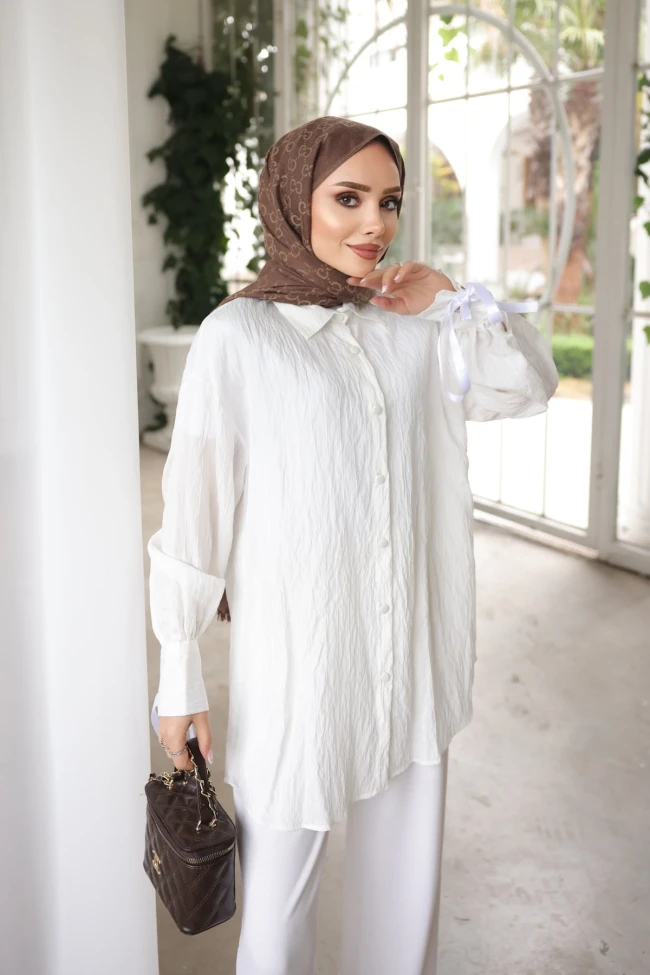 Ekru Kol Bağlamalı Gömlek