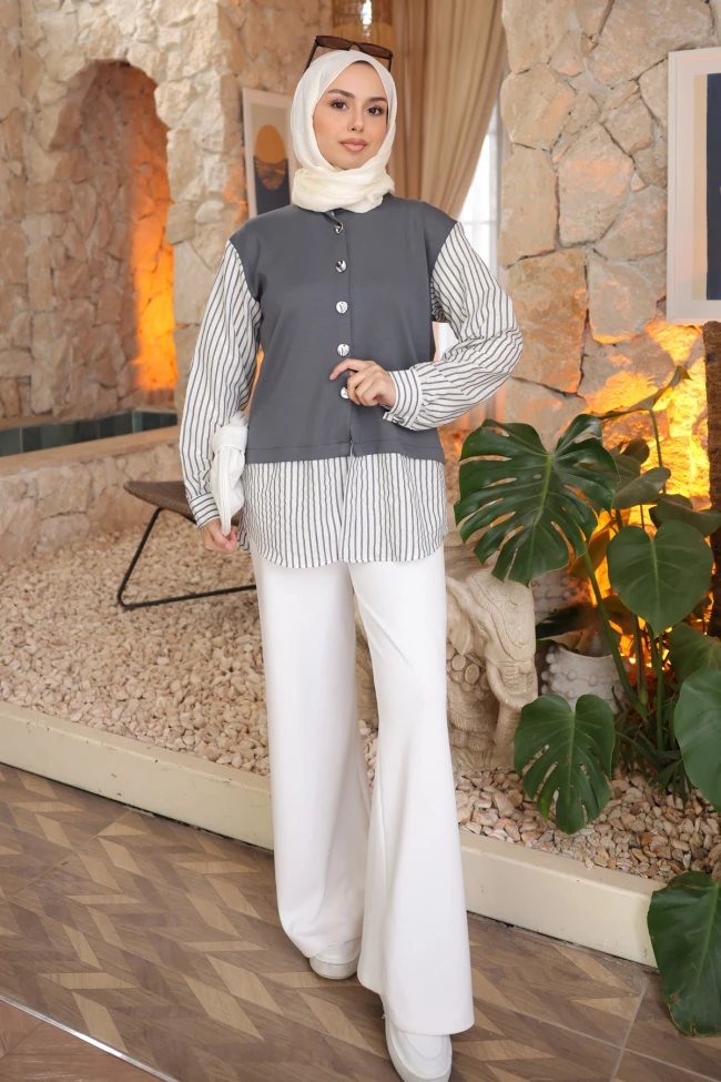 Füme Kol Ve Etek Gömlek Garnili Modal Sweat