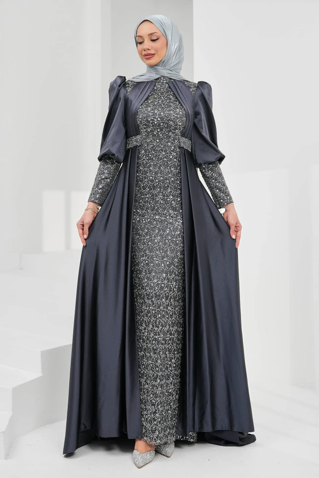 Füme Kuyruklu Boncuk İşlemeli Saten Abiye