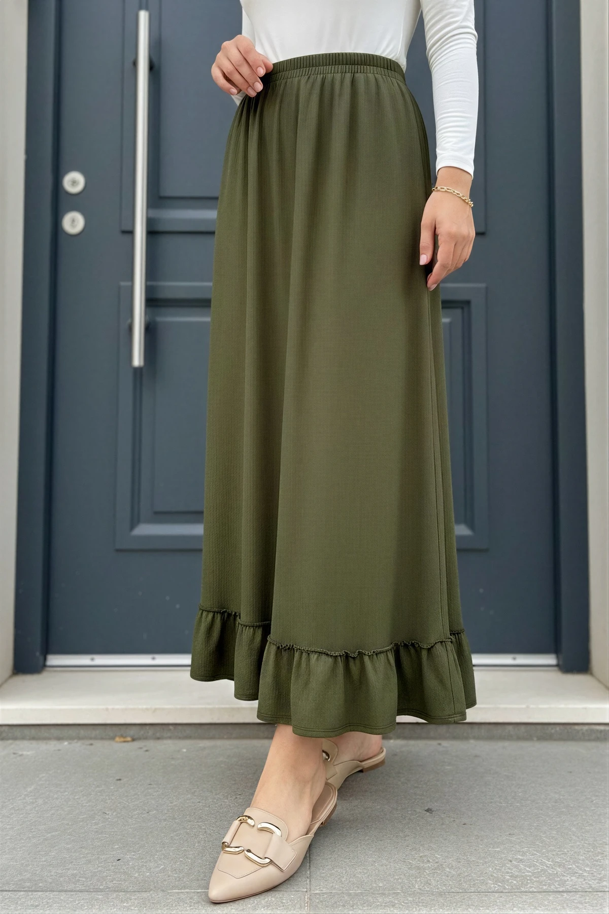 Haki Eteği Katlı Bel Lastikli Bürümcük Etek
