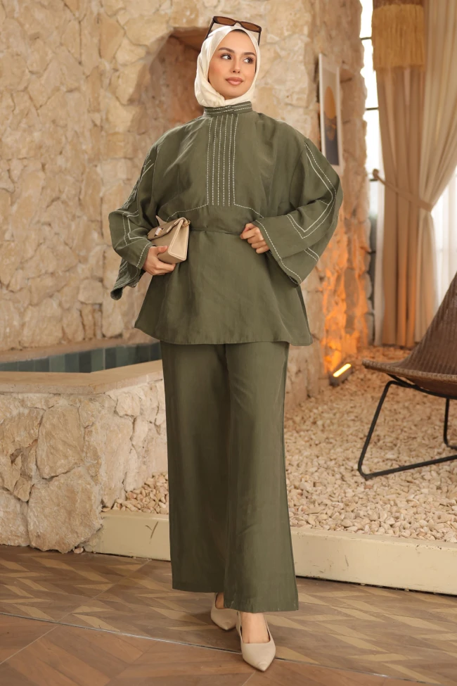 Haki Nakışlı Bel İpli Tunik Pantolonlu Takım